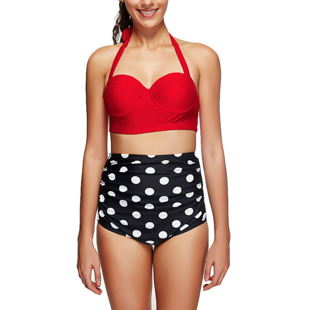 Yooeen Women Vintage Swimsuits High Waisted Retro Polka Dot Bikini Set Bathing Suits Two Piece UK 12-14 Tag Size XL Red black